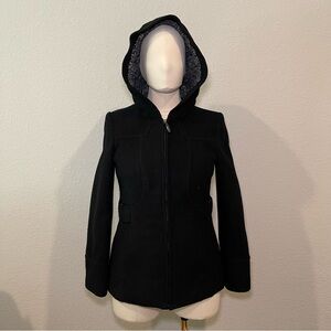 Fleet Street small faux shearling hooded wool blend jacket, black